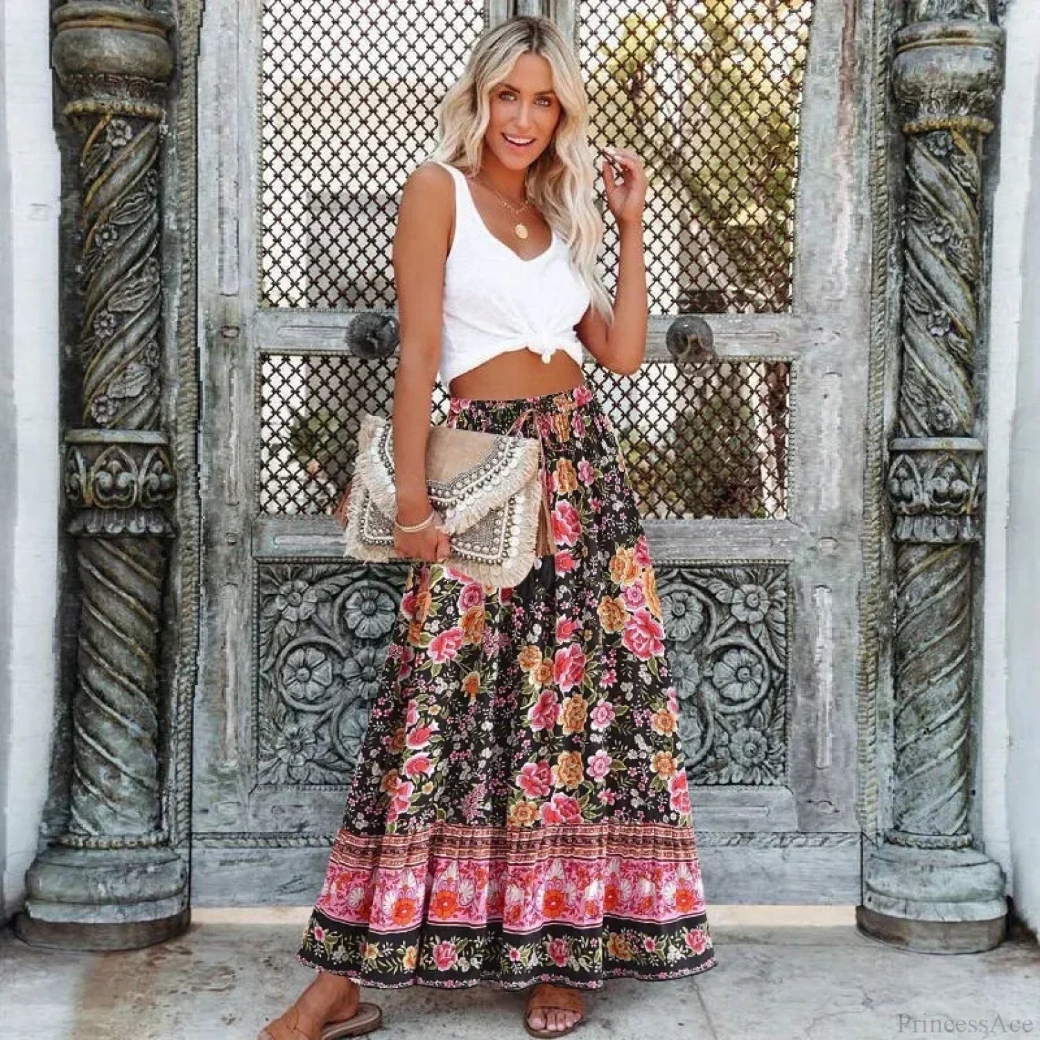 Black Floral Print Pleated Bohemian Skirt Elastic Waist A-Line Rayon Maxi image 1
