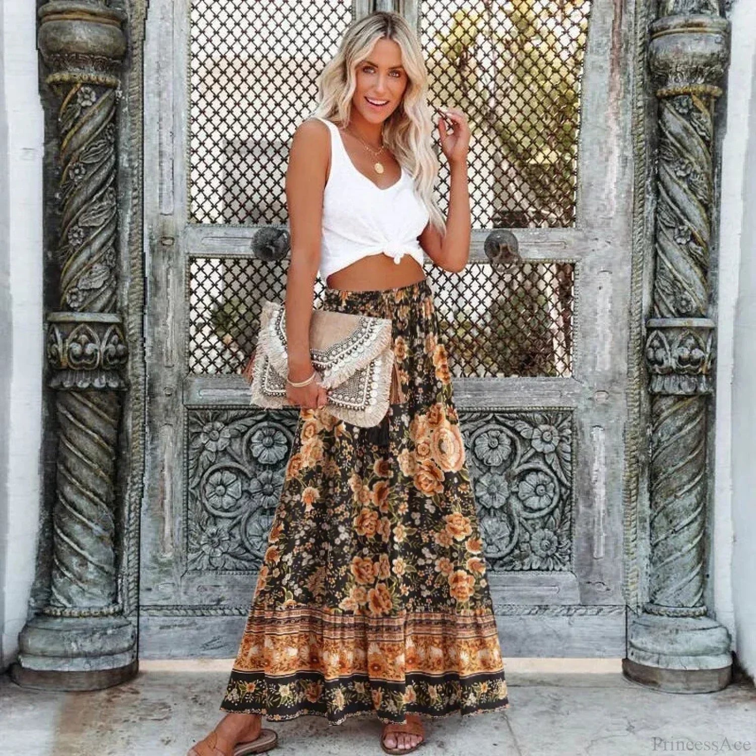 Black Floral Print Pleated Bohemian Skirt Elastic Waist A-Line Rayon Maxi image 2