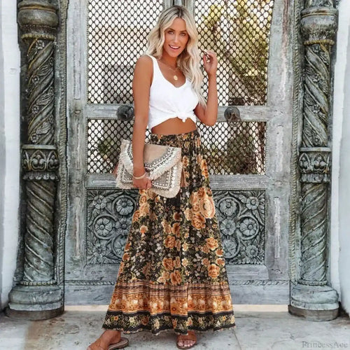 Black Floral Print Pleated Bohemian Skirt Elastic Waist A-Line Rayon Maxi image 2