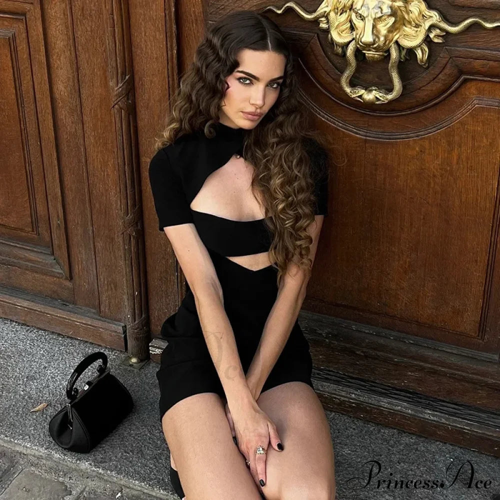 Black Front Hollow Charming Out Mini Dress image 2