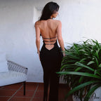 Black Halter Backless Maxi Graceful Dress With Back Straps image 1