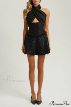 Black Halter Corset Trendy Sequin Tweed Mini Dress image 3
