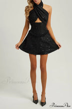 Black Halter Corset Trendy Sequin Tweed Mini Dress image 2