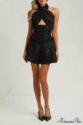 Black Halter Corset Trendy Sequin Tweed Mini Dress image 1