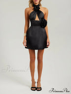 Black Halter Satin Trendy Cutout Flower Dress image 4