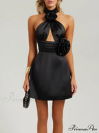 Black Halter Satin Trendy Cutout Flower Dress image 2