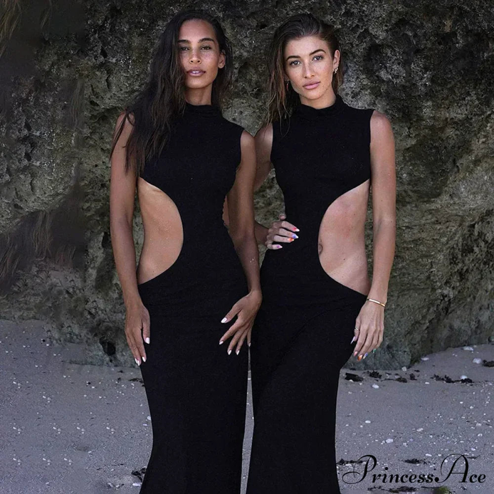 Black Hollow Out Long Women Sleeveless Bodycon Sexy Maxi Evening Slim Fashion Clubwear Cut Out Dress image 5