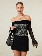 Black Lace Floral Sheer Off-shoulder Slim Corset Top image 5