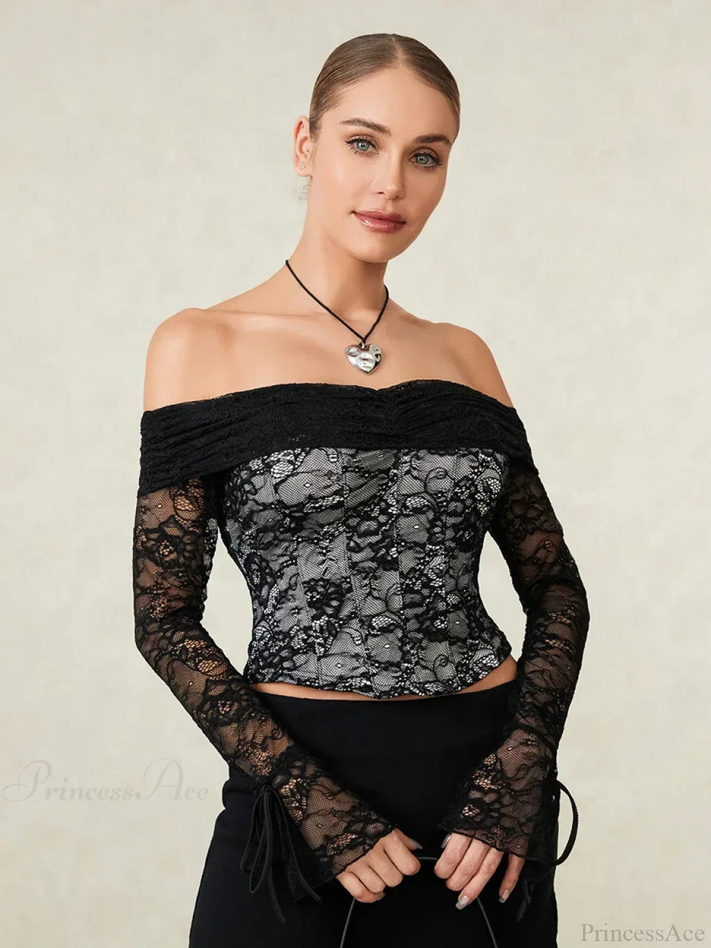 Black Lace Floral Sheer Off-shoulder Slim Corset Top image 3