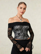 Black Lace Floral Sheer Off-shoulder Slim Corset Top image 3