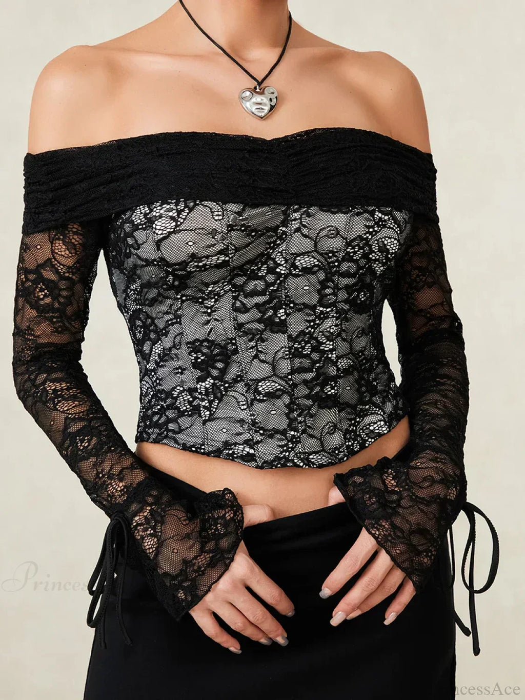 Black Lace Floral Sheer Off-shoulder Slim Corset Top image 1