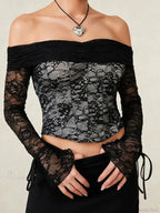 Black Lace Floral Sheer Off-shoulder Slim Corset Top image 1