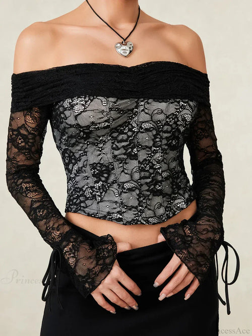 Black Lace Floral Sheer Off-shoulder Slim Corset Top image 1