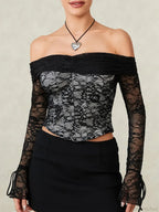 Black Lace Floral Sheer Off-shoulder Slim Corset Top image 2