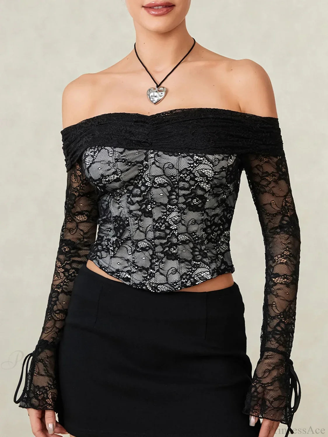 Black Lace Floral Sheer Off-shoulder Slim Corset Top image 2