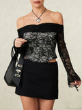 Black Lace Floral Sheer Off-shoulder Slim Corset Top image 6