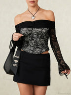 Black Lace Floral Sheer Off-shoulder Slim Corset Top image 6