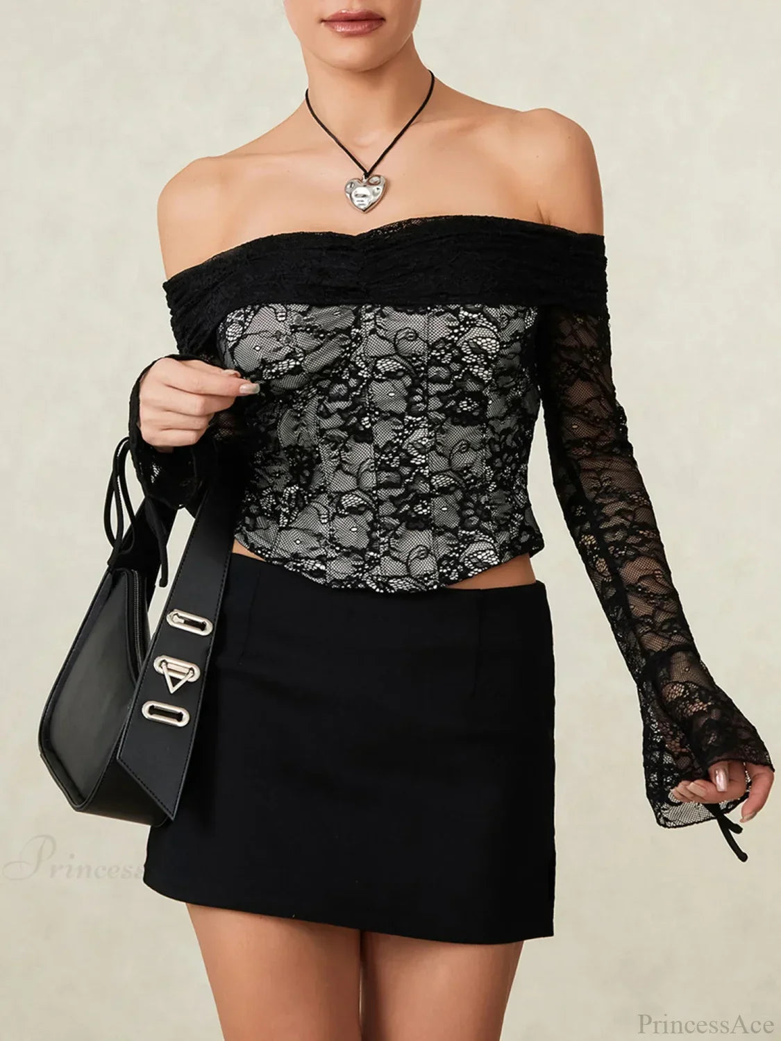 Black Lace Floral Sheer Off-shoulder Slim Corset Top image 6