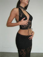 Black Lace Halter Crop Top High Waist See Through Maxi Skirt image 4