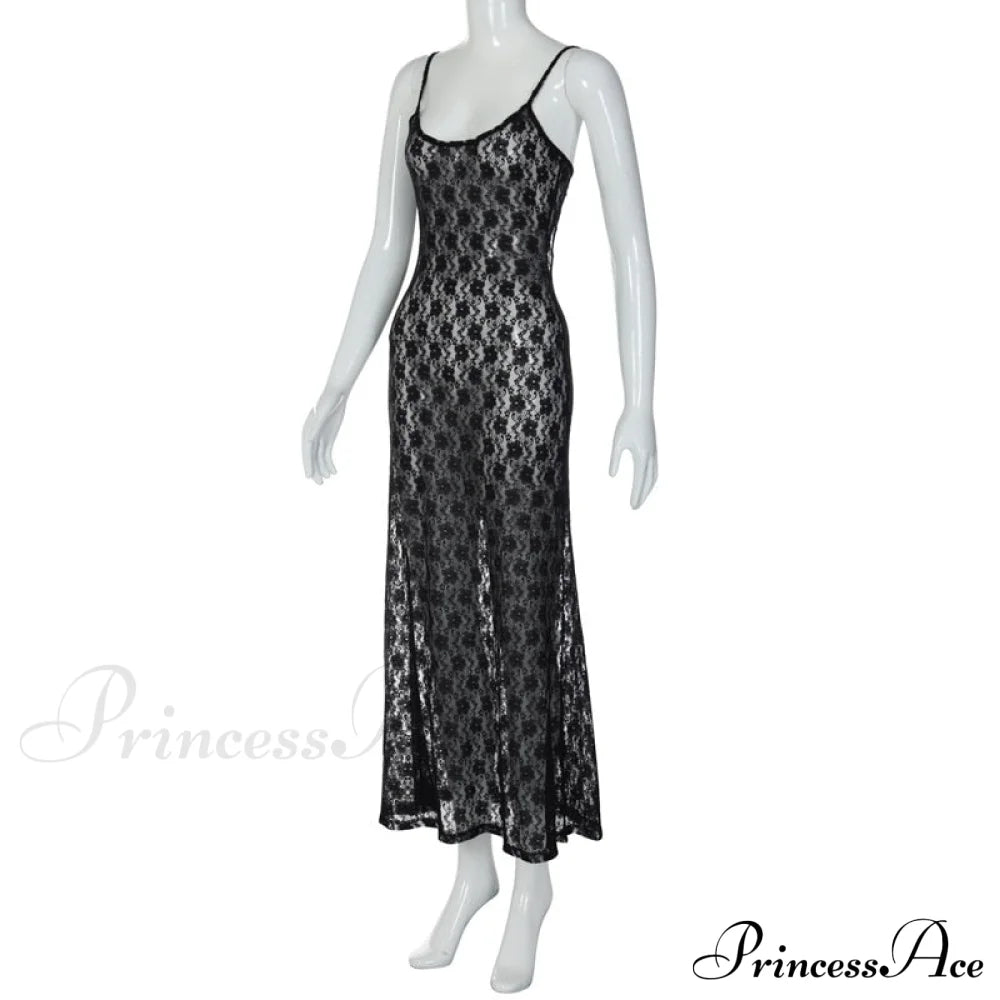 Black Lace Mesh Charming Strap Midi Dress image 12