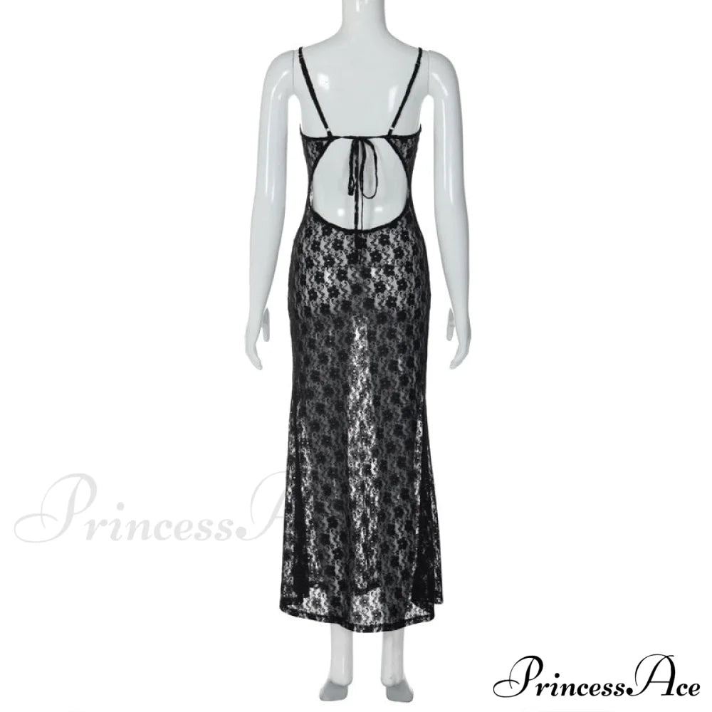 Black Lace Mesh Charming Strap Midi Dress image 13