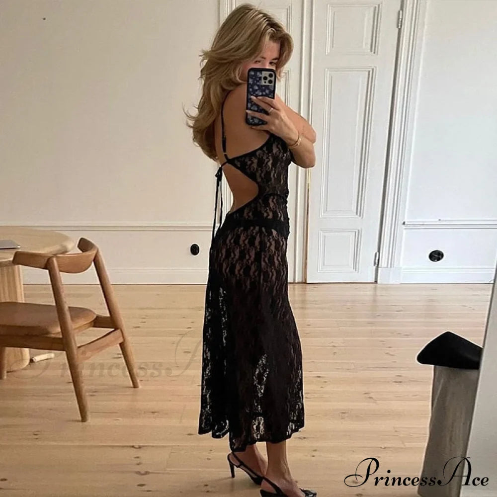 Black Lace Mesh Charming Strap Midi Dress image 10