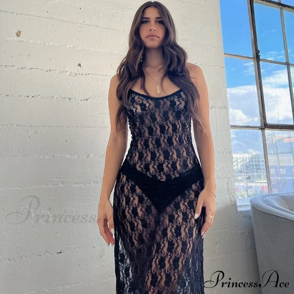 Black Lace Mesh Charming Strap Midi Dress image 1