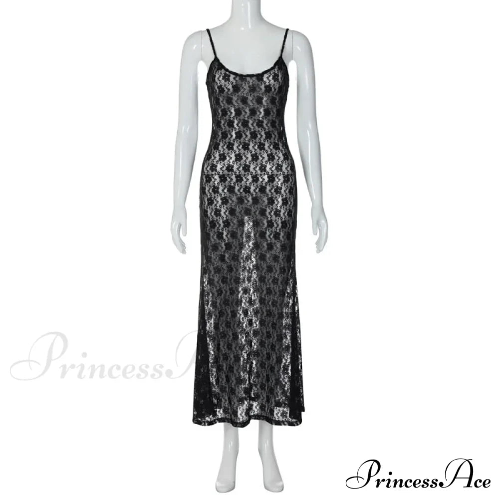 Black Lace Mesh Charming Strap Midi Dress image 11