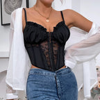 Black Lace Pleated Sheer Fishbone Spaghetti Top image 3