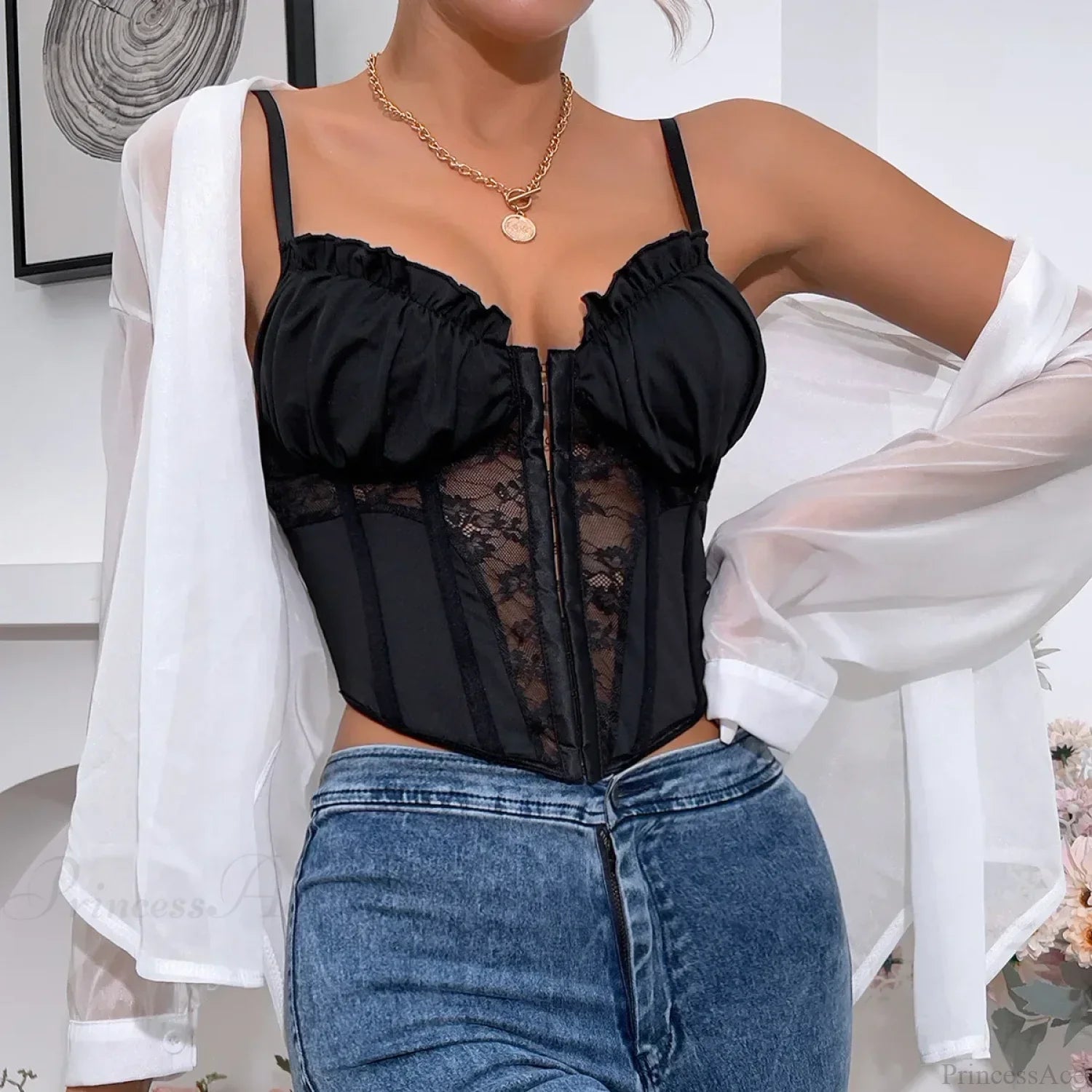 Black Lace Pleated Sheer Fishbone Spaghetti Top image 3