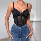 Black Lace Pleated Sheer Fishbone Spaghetti Top image 4