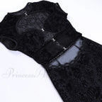 Black Lace Sheer Front Cut Trendy Out Design Short Sleeve Mini Dress image 16
