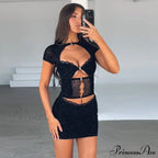 Black Lace Sheer Front Cut Trendy Out Design Short Sleeve Mini Dress image 6