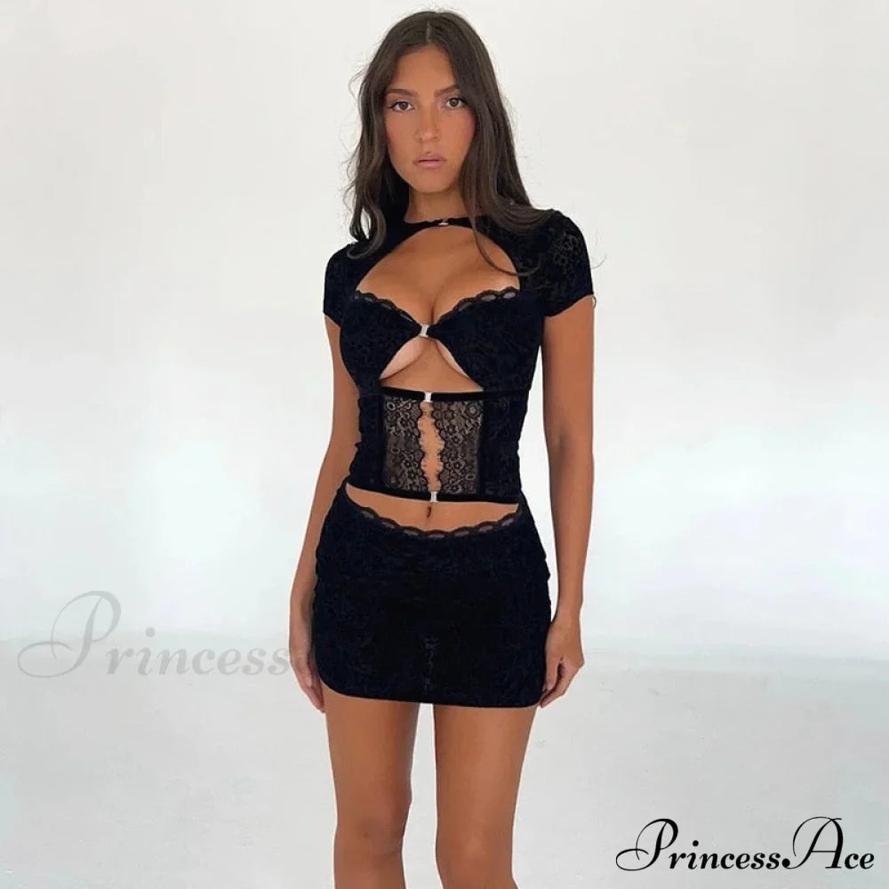 Black Lace Sheer Front Cut Trendy Out Design Short Sleeve Mini Dress image 12