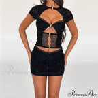 Black Lace Sheer Front Cut Trendy Out Design Short Sleeve Mini Dress image 8