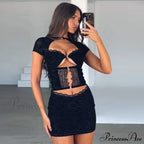 Black Lace Sheer Front Cut Trendy Out Design Short Sleeve Mini Dress image 5