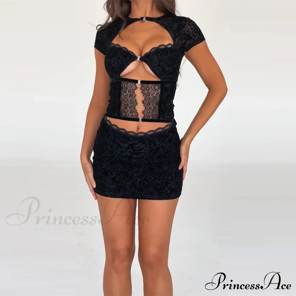 Black Lace Sheer Front Cut Trendy Out Design Short Sleeve Mini Dress image 4