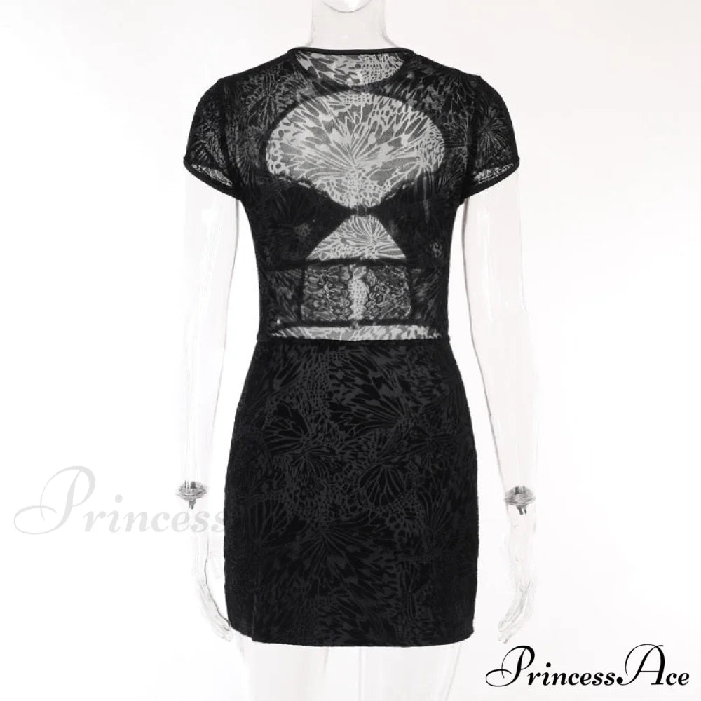 Black Lace Sheer Front Cut Trendy Out Design Short Sleeve Mini Dress image 15