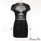 Black Lace Sheer Front Cut Trendy Out Design Short Sleeve Mini Dress image 15