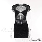 Black Lace Sheer Front Cut Trendy Out Design Short Sleeve Mini Dress image 13