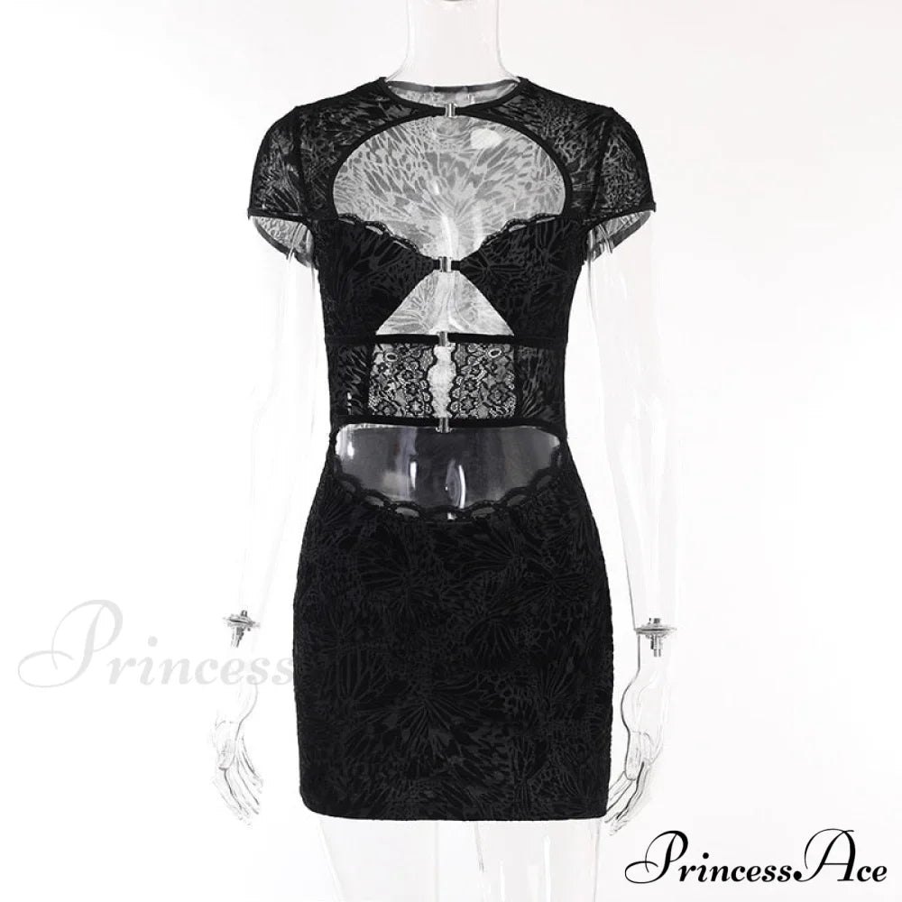 Black Lace Sheer Front Cut Trendy Out Design Short Sleeve Mini Dress image 13