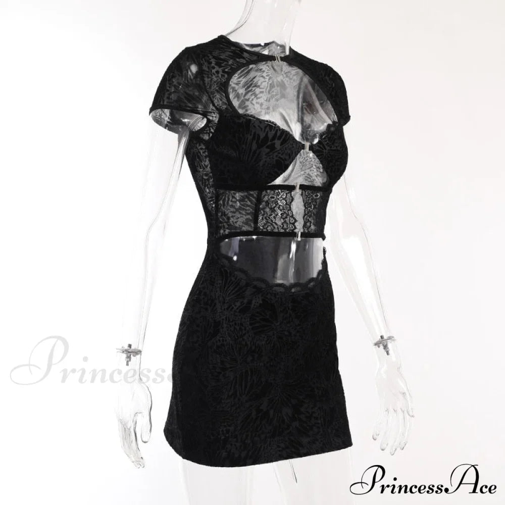 Black Lace Sheer Front Cut Trendy Out Design Short Sleeve Mini Dress image 14