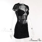 Black Lace Sheer Front Cut Trendy Out Design Short Sleeve Mini Dress image 14