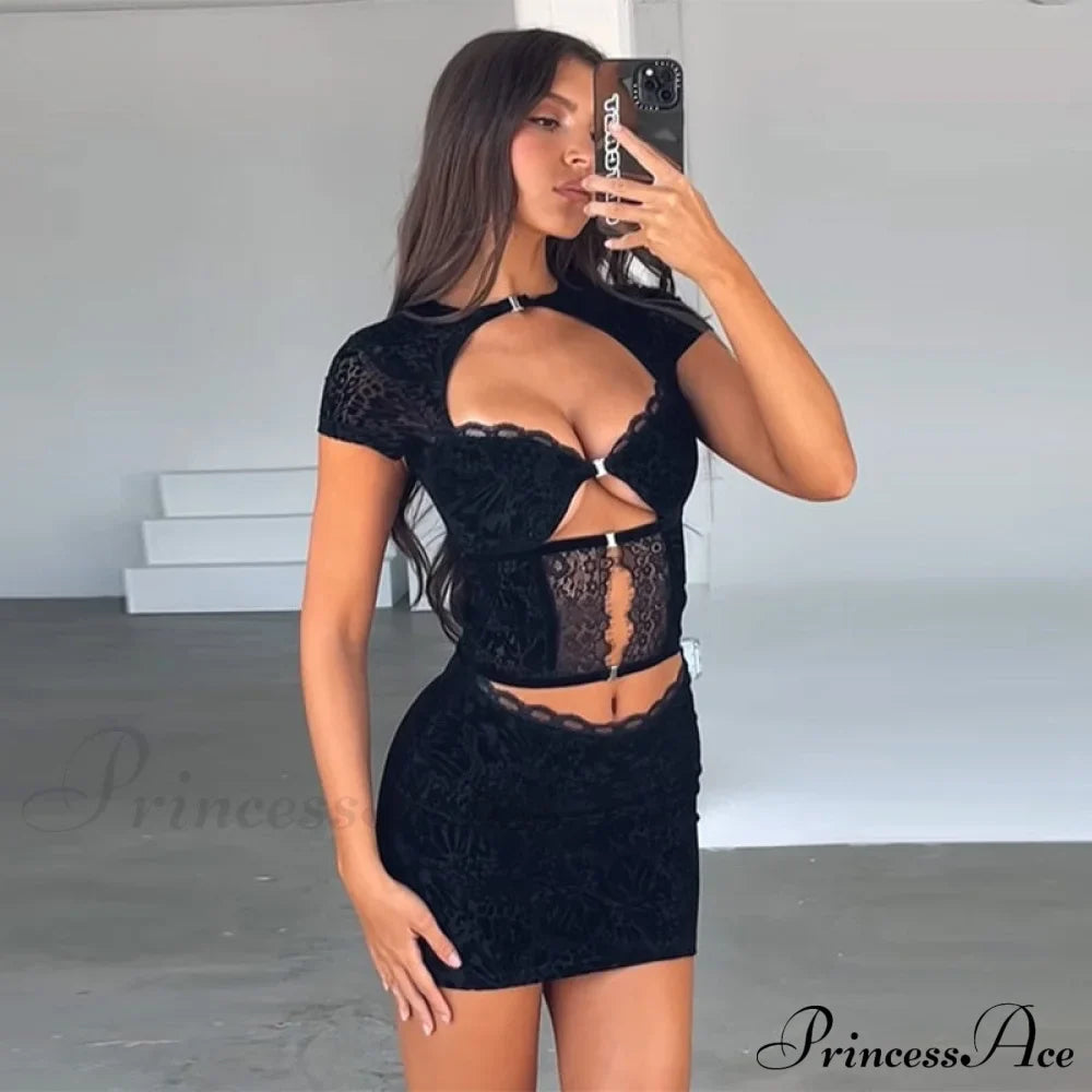 Black Lace Sheer Front Cut Trendy Out Design Short Sleeve Mini Dress image 2