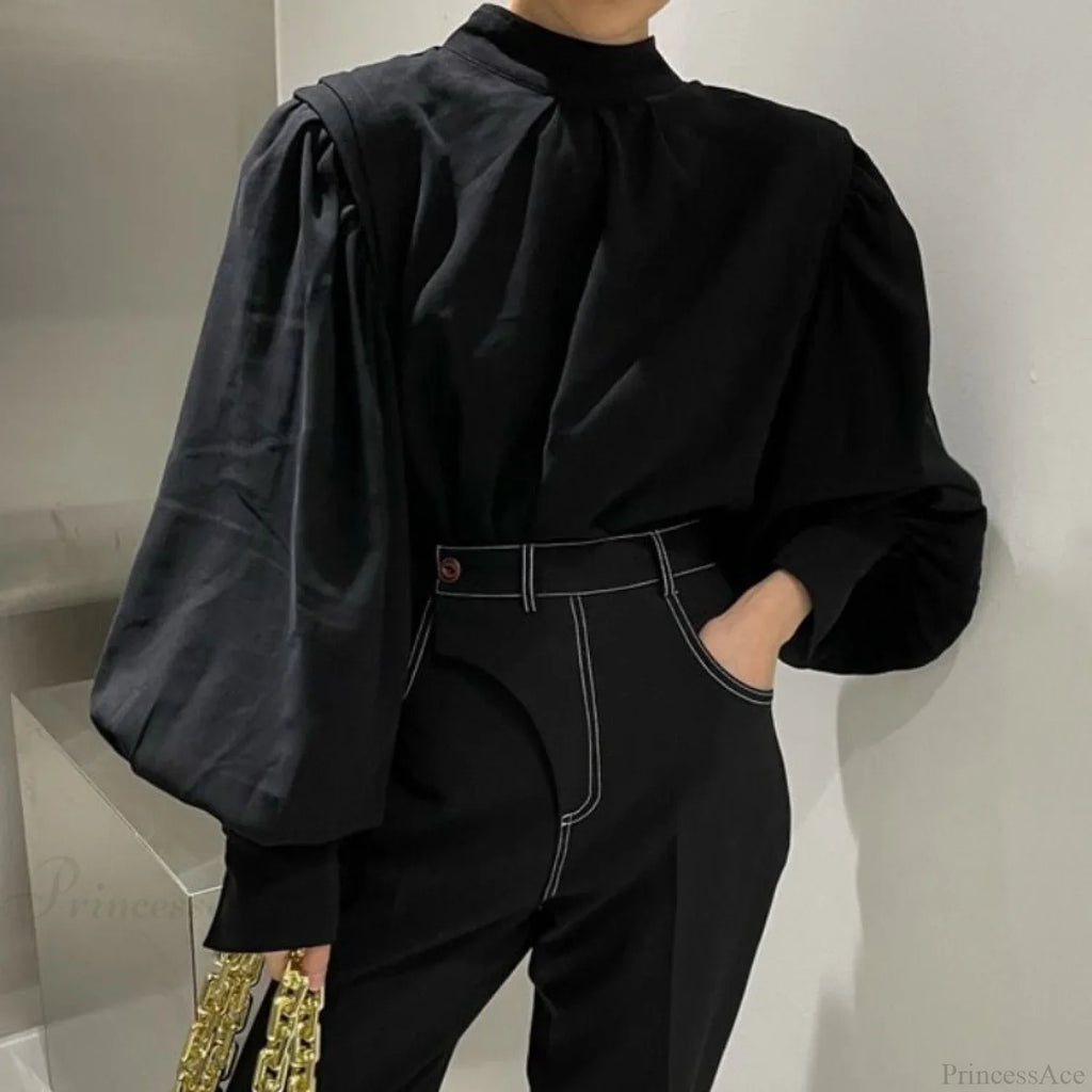 Black Lantern Sleeve Button-Up Blouse image 3