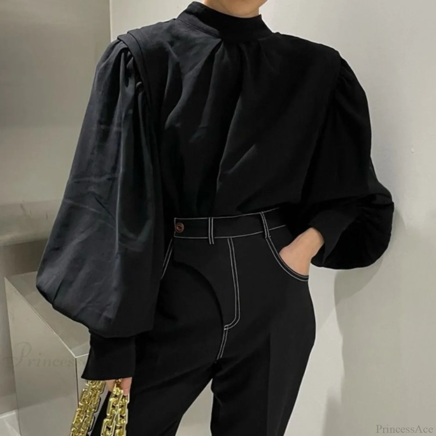 Black Lantern Sleeve Button-Up Blouse image 3