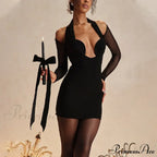 Black Long Sleeve Deep Graceful Neck Bodycon Mini Dress image 3