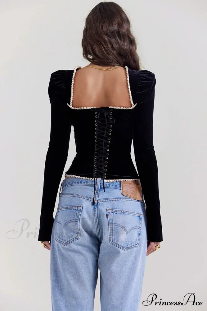 Black Long Sleeve Square Graceful Neck Corset Tie Up Top image 4