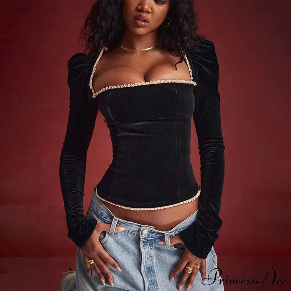 Black Long Sleeve Square Graceful Neck Corset Tie Up Top image 5