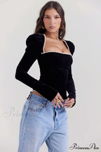Black Long Sleeve Square Graceful Neck Corset Tie Up Top image 3